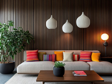 A modern living room with dark walls, a light gray sofa, and colorful pillows. The wall is adorned with vertical wooden slats that add texture to the space. A coffee table sits in front of it, complemented by two white pendant lights hanging above. On one side, there's an indoor plant, adding life to the scene. In the center of the composition lies a small black lamp on top of another wooden stand. This setting creates a cozy atmosphere for relaxation or social gathering. --ar 4:3 --v 6.1 Job ID: e039f45a-7550-4a1a-8ea7-b445a857f662の素材