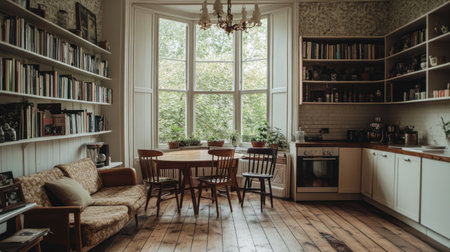 A photo of an apartment in London, with a large bay window featuring white panes and a wooden floor. To the right side of the room, there is a small kitchenette. A dining table with chairs is situated at one end of the room, and bookshelves line the wall. Plants are placed in the corner, and the color scheme is neutral. A ceiling light chandelier illuminates the space, and the white walls feature an intricate wallpaper design behind the sofa. --chaos 30 --ar 16:9 --v 6.1 Job ID: d94c2dc3-9cdd-43eb-a930-ebc1d67942afの素材