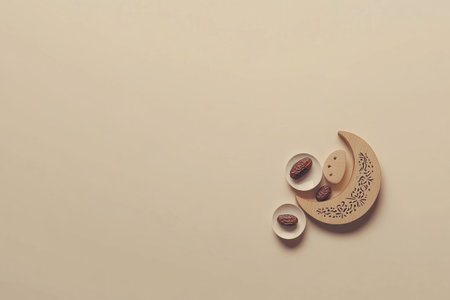 A simple wooden crescent moon and star ornament with an Islamic pattern on it, accompanied by dates in small white plates, set against a light beige background. The composition is centered around the ornamental decoration, creating a visually appealing scene for Ramadan celebration. This setup creates a festive atmosphere while highlighting the traditional elements of Ramadan. --chaos 30 --ar 3:2 --v 6.1 Job ID: 54385846-5c29-4350-82ce-925dcbc54c73の素材