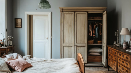 A bedroom with light gray walls, a white door, and a wooden bed frame. There is an open wardrobe on the right side of the room that has various items inside it, such as lamps, vases, books, decorations, and so on. The floor nearby is made up of beige-colored parquet flooring. In front of one end, there's a table next to which lies a pink pillow and a soft throw blanket. A soft pastel green pendant lamp hangs above the headboard. --chaos 30 --ar 16:9 --v 6.1 Job ID: d1d808a3-94a0-4c91-a6e5-f296ced9cc97の素材
