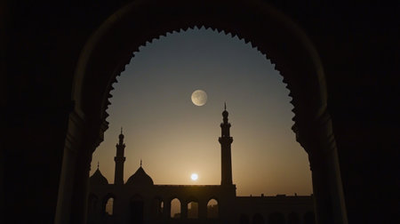 A silhouette of an Islamic mosque at sunset with the sun setting behind it, framed by an archway. The background is dark and black to create contrast between light and shadow. There's a faint glow from within the windows or doors of the mosque that illuminates part of its interior. In front, there's a large window through which you can see silhouettes of minarets against the backdrop of the rising moon in the sky. --chaos 30 --ar 16:9 --v 6.1 Job ID: 1e444aa5-ccfc-43ad-9d14-486f564009f3の素材