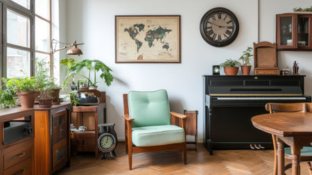 A stylish Scandinavian living room with herringbone parquet, featuring an armchair in mint green and a wooden coffee table, along with a black piano against a white wall. A map of the world hangs on the wall. There is also an old-fashioned clock hanging above a retro dining set. The space exudes warm vibes from the plants placed throughout, creating a harmonious blend between modern design elements and natural beauty. --chaos 30 --ar 16:9 --v 6.1 Job ID: 84bb5855-7212-4ad9-8099-6c802d97c1a3の素材