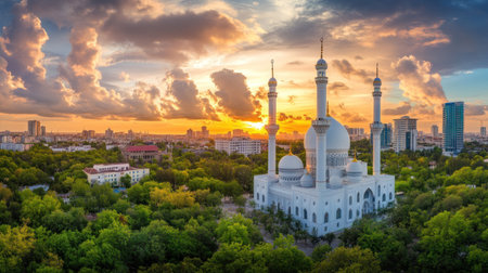 A panoramic view of the mosque with clouds and a sunset sky in the background, the skyline featuring a series of tall minarets, with trees below and buildings behind. The focus is on capturing the majestic presence of the shared city landscape, creating an atmosphere of serenity and grandeur. This shot should highlight how the mosque stands out against its urban surroundings, showcasing both traditional architecture and modern life. --chaos 30 --ar 16:9 --v 6.1 Job ID: a0e78050-92c0-47c8-a83c-142c55a8b13aの素材