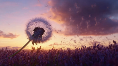 Dandelion seeds flying in the wind on a sunset sky background. Nature landscape with a beautiful dandelion flower closeup. Abstract nature concept banner. --chaos 30 --ar 16:9 --v 6.1 Job ID: 4d45dd5b-5897-4415-8060-911685578668の素材
