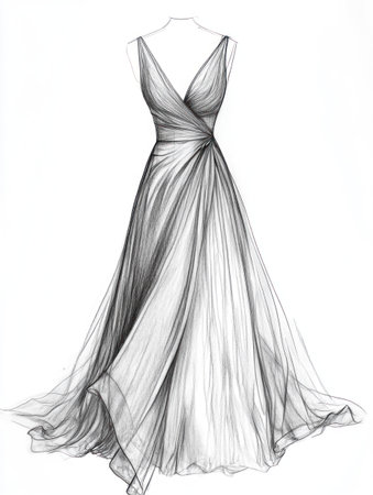 A pencil sketch of an elegant, floor-length dress with a high and low bodice, draped in tulle fabric that flows gracefully down the skirt. The design includes thin straps that gently hold up the neckline while accentuating its romantic silhouette. A small waist sash adds a touch of sophistication to complete its modern yet classic look. White background. No text or other elements. --ar 3:4 --v 6.1 Job ID: 93c4ba16-5ad7-46b5-b7d2-bc18f1c31eeaの素材