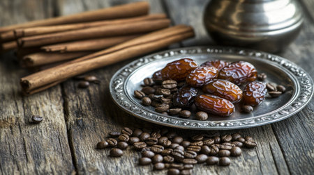 Close-up of dates on an old wooden table with a silver Arabic plate, cinnamon sticks, and coffee beans in the background. --chaos 30 --ar 16:9 --v 6.1 Job ID: 0ff1e4d4-2d2f-46da-8b99-17913d3602b4の素材