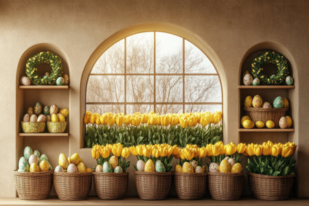 a large arched window with lots of yellow tulips in wicker baskets on the windowsill, shelves full of Easter eggs and wreaths made from green fabric, a cozy beige wall behind it, light brown wooden panels, hyperrealistic photography, high resolution --ar 128:85 --v 6.1 Job ID: 6a4c1a23-a16e-48b5-90f2-453d9706c1aaの素材