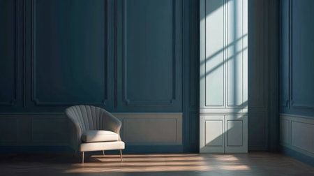 Dark blue wall with a wooden floor, the interior design of a modern living room mock-up, a window-side view, a retro armchair, and a small cabinet near the door - a minimalist home decor. --chaos 30 --ar 16:9 --v 6.1 Job ID: b7110dde-5121-461a-93e2-78bf90ad7c0eの素材