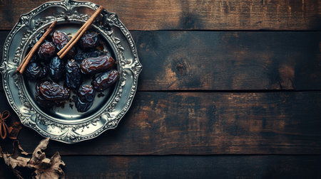 Close-up of dates on a wooden table with a silver plate and cinnamon sticks for iftar during Ramadan, with copy space, high-definition, taken with a Canon EOS camera, high-resolution photography. --chaos 30 --ar 16:9 --v 6.1 Job ID: 7bbf66b3-c9c3-4db4-889d-f98572b46f5eの素材