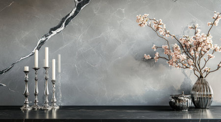 A modern interior with a marble gray wall featuring black veins, a vase of flowers, and silver candlesticks on the table. Close-up, high-resolution photography with insanely detailed, fine details on an isolated, plain background. Professional color grading results in a hyper-realistic image. --ar 128:71 --v 6.1 Job ID: 69644fcc-e60b-4bf6-9f0c-4807f87d1eb6の素材