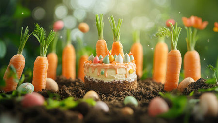 A whimsical scene of an Easter carrot cake surrounded by real carrots and soil, creating the perfect setting for a delicious dessert, all captured in high resolution with stunning realistic detail using a Sony Alpha A7 III camera and lens. --ar 53:30 --v 6.1 Job ID: a0d75130-8aa0-4c9a-a313-24fe36680a2eの素材