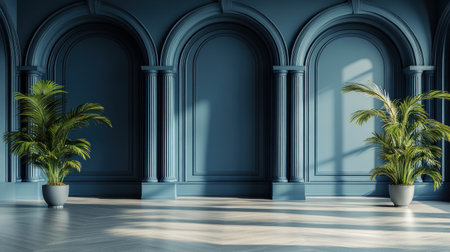 Dark blue empty wall with classic decoration and potted plants on the floor, interior design of modern home or office space background with copy space, 3D rendering mock-up. --chaos 30 --ar 16:9 --v 6.1 Job ID: a60ccc7b-fa43-42bf-8df8-af0667b34470の素材