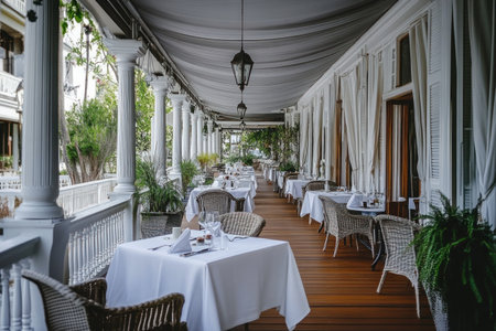 The outdoor terrace of the hotel is designed in an elegant style, with white tables and chairs for dining on wooden floors. The ceiling has a gray fabric canopy that adds to its modern look. There's greenery inside small planters along one wall, adding life to your relaxing time at our boutique luxury bed & breakfast. This image was created using focus stacking, a white background, a 35mm lens, an f/22 aperture setting, and natural lighting, resulting in an ultra-realistic photography style in the manner of a professional photographer. --ar 3:2 --v 6.1 Job ID: 090f28fb-55c5-4c53-aded-226bbfe1b649の素材