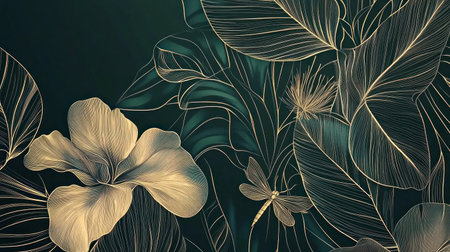 Luxurious gold floral botanical illustration background vector presentation design with flat and line art, in a teal color with black ink, in a hand-drawn style, with golden line drawings on dark green leaves, a jungle foliage pattern, and jungle flowers and dragonfly elements. Abstract modern art for wallpaper, mural wall paper, or web banner template. Vector. --chaos 30 --ar 16:9 --v 6.1 Job ID: 6618cfb0-0547-4bd4-a791-c416ad4e7fc1の素材