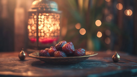 Close-up of dates on a plate with an Arabic lantern and red juice in the background, a Ramadan concept. This could be used as a banner with copy space on a dark-toned background. This is a real photograph. --chaos 30 --ar 16:9 --v 6.1 Job ID: 92686fac-a9a2-489d-8279-332226f2f968の素材
