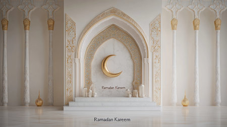 Elegant Ramadan Kareem Background with golden moon and stars, white background, text "Ramadan Kareem" in the middle of the page, Islamic pattern style, 3D rendering, high resolution, on paper, golden frame, ornate borders, text written at the bottom center that says 'Ryder Studio', golden decoration around the top border, simple white background. --chaos 30 --ar 16:9 --v 6.1 Job ID: a78248d3-ef23-4503-abff-bac2c49b1bdfの素材