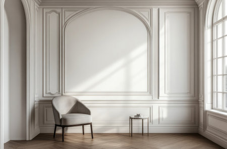 Empty white wall background with a chair and side table on a wooden floor in a minimalistic interior design, HD. --ar 23:15 --v 6.1 Job ID: 8fa6180b-0a0b-442d-b464-1a523fd43a66の素材