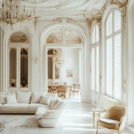 An interior design of a living room in white and gold with baroque details, featuring French-style furniture such as a sofa, chairs, a table, and an armchair. A luxury crystal chandelier hangs from the ceiling, and the room has large windows and a marble floor. The dining area is connected to the living room through arched doorways, creating a cohesive, luxury-style space with a minimalist and realistic photographic aesthetic, as if it were a 3D rendering. --v 6.1 Job ID: 3422cf3a-6cb5-41fd-b49d-ea82dbcd3947の素材
