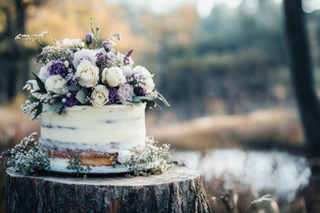A rustic wedding cake with white and purple flowers, sitting on top of an old tree stump at the edge of a natural setting. The background is blurred to emphasize the cake. --ar 3:2 --v 6.1 Job ID: cbb8d7e9-fad0-4e10-82b3-22b33e095c10の素材