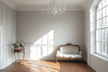 Photo of an empty room with light gray walls, white trim, and vintage furniture. A large window on the right side allows sunlight to flood in. There is an elegant sofa near it, and a small table decorated with flowers nearby. The ceiling has a chandelier hanging from above. --ar 3:2 --v 6.1 Job ID: 2f79c580-544c-4788-a9e8-e32fc4acd548の素材