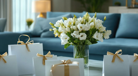 A beautiful bouquet of flowers in an elegant vase is placed on the coffee table, surrounded by several gift bags with golden ribbons and white paper packaging. The background features modern blue sofas and walls, creating a luxurious atmosphere. Soft natural light illuminates the scene, highlighting details such as petals and leaves. --ar 128:71 --v 6.1 Job ID: 54f1597d-933e-450c-a607-9709222f73bfの素材