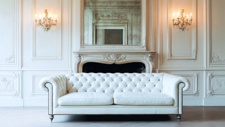 Photograph of a white leather sofa in front of an elegant fireplace, reflecting the opulence and luxury associated with classical interior design style. The room is bathed in soft light from wall sconces that highlight its grandeur. In the background, there is a large mirror on the wall behind it. --ar 53:30 --v 6.1 Job ID: 75b6405d-4346-42f0-b201-399d0de48eb0の素材