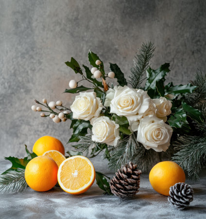 An editorial photograph of a minimalistic floral arrangement with white roses, mistletoe, and pinecones on the table, with oranges and lemons beside it. The background is grey marble. Studio lighting. --ar 15:16 --v 6.1 Job ID: 6abc97cf-8076-46f7-bfec-9fc27209ecc8の素材