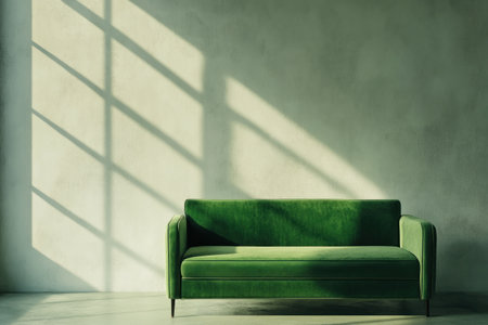 Minimalist interior design with a green sofa against a white wall, empty space for text or product display. Scandinavian home decor concept. 8K, ultra-realistic, cinematic lighting. --ar 3:2 --v 6.1 Job ID: f37275bc-5e16-4687-b888-ad8eb3ae7f4eの素材