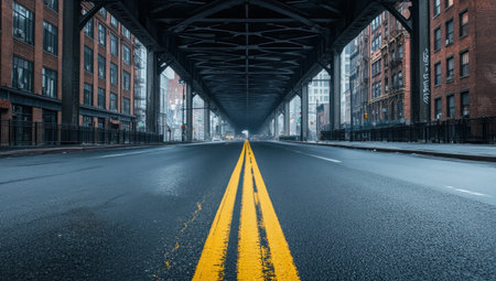 A long highway with an empty street, a concrete bridge in the city of New York. The asphalt road runs under bridges and buildings. A yellow line is drawn on it, which emphasizes its dimensions. There's nothing around; only one way to go through everything. Realistic photography in the style of a photorealistic artist. --ar 53:30 --v 6.1 Job ID: c5299955-55c7-432b-aa10-96f6c61ebe95の素材