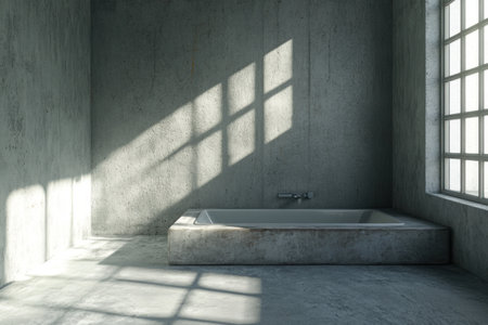 Modern gray bathroom interior with concrete floor, bathtub, and window. Mockup copy space, 3D rendering, shot in the style of Sony Alpha A7R IV. --ar 3:2 --v 6.1 Job ID: deefaf28-84cf-4989-bdd4-e0ee18e5327fの素材
