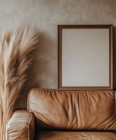 A close-up photo of an empty picture frame on the wall, leaning against a light brown leather couch in a boho-style living room with neutral tones and pampas grass. Minimalist style, mockup photography, stock photo, 300 dpi, high resolution. --ar 5:6 --v 6.1 Job ID: 08c1f18d-7cb9-42f7-8008-022c7c4a57e4の素材