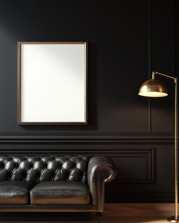 A mockup of an empty white square frame on the wall, in a modern living room with black walls and a leather sofa, a brass floor lamp casting light onto it, creating a stylish ambiance. The focus is sharp and clear, capturing every detail of both the blank canvas and the interior decor elements. This scene adds sophistication to any home or office setting. --ar 4:5 --v 6.1 Job ID: 57451ebf-d427-4540-b8de-7b4f5ffd80e5の素材