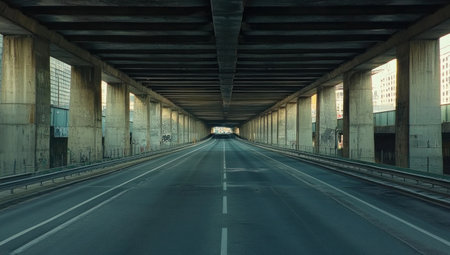 A long highway with an empty street under the bridge, an empty asphalt road, concrete pillars on both sides of the wide tunnel in the city center, no cars driving, a low-angle view, high-resolution photography, hyper-realistic photography, cinematic lighting, in the style of Wes Anderson. --ar 53:30 --v 6.1 Job ID: aeb649d4-b0cd-4fc7-8c86-a02fb480a397の素材