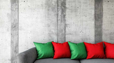 Modern gray sofa with green and red pillows against a concrete wall in the minimalistic interior design of a modern living room. Cinematic shot taken with a Sony Alpha A7 IV camera, wide angle, ultra-detailed, high resolution. --chaos 30 --ar 16:9 --v 6.1 Job ID: a5a255cb-528d-448e-82dc-156e4f8eaf07の素材