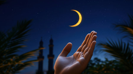 Hand of a Muslim man praying with his hand raised under a crescent moon in a dark night sky background, with copy space for the concept of Ramadan, the Islamic festival celebration, and evening prayer. Highly realistic. --chaos 30 --ar 16:9 --v 6.1 Job ID: 51eba1f4-51ff-48be-acd9-64aa18690f9aの素材