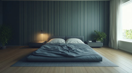 Minimalist bedroom with vertically striped dark green wall, a grey bed, and a nightstand. --chaos 30 --ar 16:9 --v 6.1 Job ID: 20229b4c-5b85-4090-91ba-513552b651b5の素材