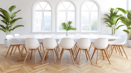 Modern dining room with a white table and chairs, arched windows, and a parquet floor. Minimalist interior design of a modern living space. 3D rendering, cinematic shot, cinematic lighting, high-resolution photography, insanely detailed, fine details, isolated plain background, stock photo, professional color grading, hyper-realistic. --chaos 30 --ar 16:9 --v 6.1 Job ID: 144c0899-c7da-4272-a60f-1d2f1028707eの素材