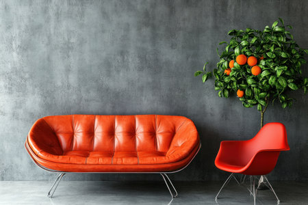 Modern interior design with a gray concrete wall, an orange leather sofa, and an armchair in the living room. --ar 3:2 --v 6.1 Job ID: 5c9a01a5-112d-44ee-87fc-d5b453e5b85eの素材