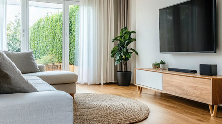 Modern minimalist-style living room, with white walls and gray wall paint, a wooden floor with oak flooring, a sofa in a gray fabric color, a TV cabinet using a light wood grain material on the right side of the screen, a large window, a curtain closed on the left side of the picture, a brown, soft, short-haired carpet, a warm lighting atmosphere, high-definition photography, and bright light from outside through the glass door, providing a front view of the entire scene. --chaos 30 --ar 16:9 --v 6.1 Job ID: 8a5855bf-87d2-40d6-9409-1bb17916d694の素材
