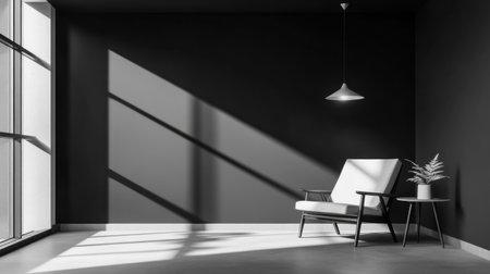 Black wall interior mockup with an armchair and pendant lamp, minimal design, gray floor parquet, side table on the right side of the picture. Interior background, 3D rendering illustration, high-resolution photography, professional color grading, soft shadows, low contrast, clean sharp focus, black studio background. --chaos 30 --ar 16:9 --v 6.1 Job ID: 5c77b190-c04a-4b2e-b771-73c5bfaa164dの素材