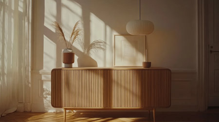 Minimalist interior of an empty living room with a cabinet and a hanging lamp on a white wall, with ample copy space, geometric shapes, a wooden sideboard with decorations, plants in a vase, and a poster. --chaos 30 --ar 16:9 --v 6.1 Job ID: 362cb1b9-932a-4cc4-a75f-7e799c24d8e7の素材
