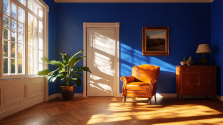 Dark blue wall with light wood floor, an armchair and sideboard on the right side of the room, a window on the left, a plant in a pot near the door, bright daylight coming through the window, photorealistic, high resolution, high detail, hyperrealistic. --chaos 30 --ar 16:9 --v 6.1 Job ID: 11a7336e-8d10-4396-b5f1-af31f799f7c4の素材