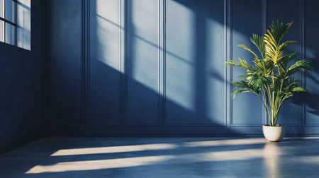Dark blue empty wall with classic paneling and potted plants on the floor, creating an elegant interior design background for decoration mockups. High-quality 3D rendering of modern minimalism. --chaos 30 --ar 16:9 --v 6.1 Job ID: 530e0c96-302a-4a67-9f58-accc15a42c8fの素材