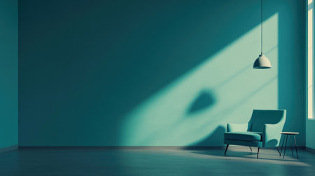 Black wall interior mockup with an armchair and pendant lamp, minimal design, gray floor parquet, side table on the right side of the picture. Interior background, 3D rendering illustration, high-resolution photography, professional color grading, soft shadows, low contrast, clean sharp focus, black studio background. --chaos 30 --ar 16:9 --v 6.1 Job ID: 5c77b190-c04a-4b2e-b771-73c5bfaa164dの素材