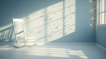 Minimalist plain blue wall with a white wooden chair and a small table, white floor, string lights, and space for text. --chaos 30 --ar 16:9 --v 6.1 Job ID: 60efd722-dd76-493e-a68b-bde9b707a582の素材