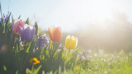 Colorful tulips and hyacinths in a spring meadow with sun rays. Background banner for an Easter or Women's Day celebration. Beautiful nature background with copy space, in a wide format. --chaos 30 --ar 16:9 --v 6.1 Job ID: 31949ff6-7d3a-4a6d-8138-9fb23ffbd55dの素材