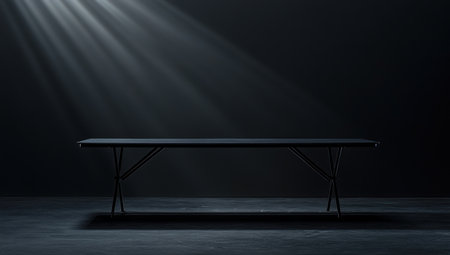 Black empty table background with a spotlight on the top, dark gray background, minimal concept, studio lighting, photographed in the style of Peter Lindbergh, using a Nikon F5 and 30mm lens, with a shallow depth of field. --ar 53:30 --v 6.1 Job ID: 7b40110d-f5d7-48ae-b352-986744d2f9dfの素材