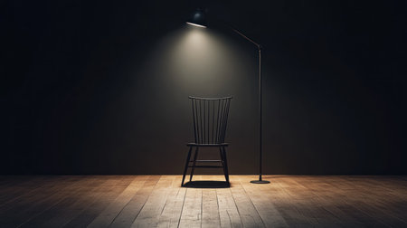 Black wall mockup with a black chair and floor lamp on a wooden floor, in a minimalistic style with a neutral color palette. Close-up view, studio lighting, high-resolution photography, natural light, minimalist interior design, professional photograph. --chaos 30 --ar 16:9 --v 6.1 Job ID: 01ed3c8f-14b9-4541-9260-1df7e0db23bfの素材