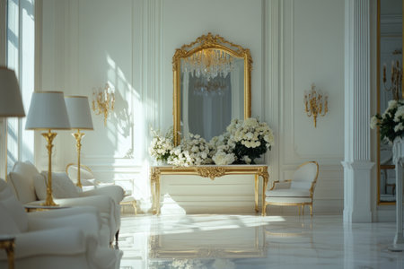 Wide shot of a white, elegant room with a mirror and chandelier. Gold lamps sit on the floor, and a table in front is decorated with flowers. White armchairs and a large window with white walls create a clean, soft, cinematic lighting. Captured in the style of Canon EOS R5. --ar 3:2 --v 6.1 Job ID: d3006d62-99b2-4641-9fad-9fd256f45ea1の素材