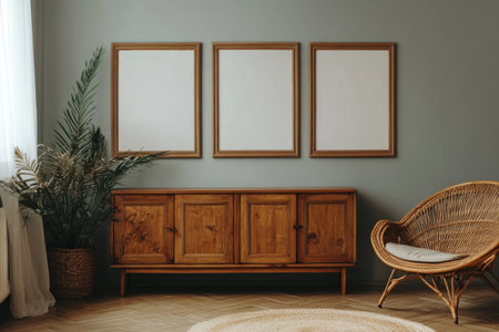 A photo of a sideboard with blank picture frames in a boho-style room. The room features brown wooden furniture, a light grey wall, and a wicker armchair. The interior design is minimal, with natural lighting and a wide-angle shot. --ar 3:2 --v 6.1 Job ID: b31a2f16-f7c5-46f1-95d1-7577322ad35cの素材